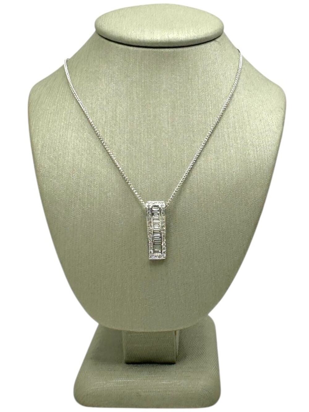 14K White Gold Baguette & Round Diamond Bar Necklace (26104)
